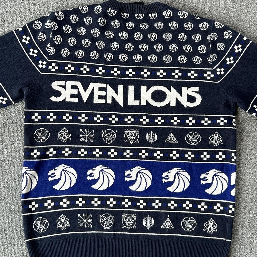 Seven Lions Sweater Mens‎ XL Navy Blue Knit Crewneck Holiday EDM Rave Graphic - Picture 8 of 10